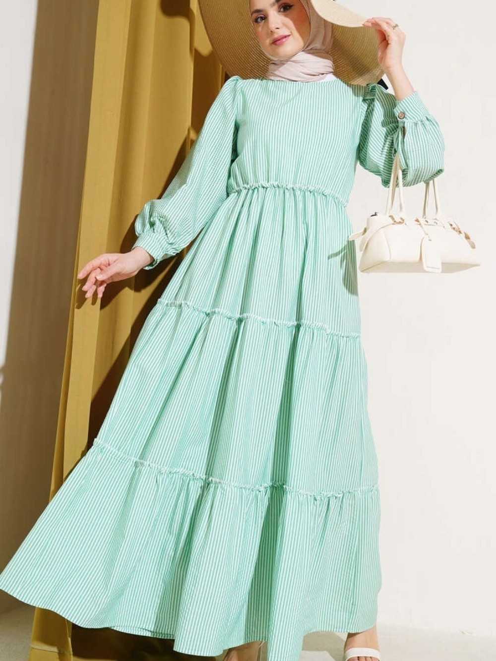 Green Striped Tiered Maxi Dress Balloon Sleeves Modest XL